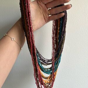 Vintage Multi-Strand Beaded Statement Necklace in Red, Teal & Gold